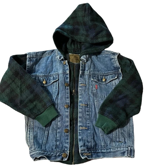Vintage ‘90s Bugle Boy Grunge Flannel Green Blue Plaid Denim Jean Jacket… - Picture 1 of 4
